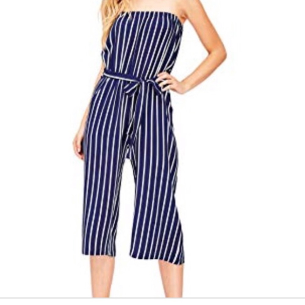 Navy and White Striped Strapless Jumpsuit